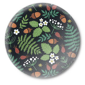 Значок с принтом Природа в Тюмени,  металл | круглая форма, металлическая застежка в виде булавки | желуди | папоротник | природа | растения | цветы