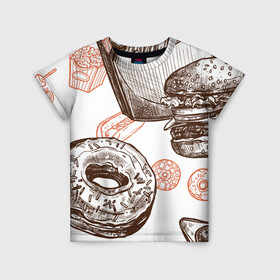 Детская футболка 3D с принтом Вкусности в Тюмени, 100% гипоаллергенный полиэфир | прямой крой, круглый вырез горловины, длина до линии бедер, чуть спущенное плечо, ткань немного тянется | бургер | вкусности | еда | пончик | попкорн | фастфуд | хот дог