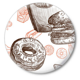Значок с принтом Вкусности в Тюмени,  металл | круглая форма, металлическая застежка в виде булавки | Тематика изображения на принте: бургер | вкусности | еда | пончик | попкорн | фастфуд | хот дог
