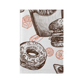 Обложка для паспорта матовая кожа с принтом Вкусности в Тюмени, натуральная матовая кожа | размер 19,3 х 13,7 см; прозрачные пластиковые крепления | Тематика изображения на принте: бургер | вкусности | еда | пончик | попкорн | фастфуд | хот дог