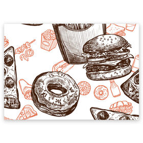 Поздравительная открытка с принтом Вкусности в Тюмени, 100% бумага | плотность бумаги 280 г/м2, матовая, на обратной стороне линовка и место для марки
 | Тематика изображения на принте: бургер | вкусности | еда | пончик | попкорн | фастфуд | хот дог