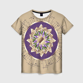 Женская футболка 3D с принтом Ведьмовский круг в Тюмени, 100% полиэфир ( синтетическое хлопкоподобное полотно) | прямой крой, круглый вырез горловины, длина до линии бедер | ведьмы | золото | кристалы | растения | узелки | узор | цветы