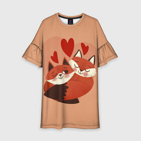 Детское платье 3D с принтом Влюбленные Лисички в Тюмени, 100% полиэстер | прямой силуэт, чуть расширенный к низу. Круглая горловина, на рукавах — воланы | fox | fox love | влюбленные лисички | лисы | сердца