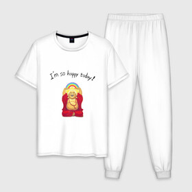 Мужская пижама хлопок с принтом Будда -Я так счастлив сегодня! в Тюмени, 100% хлопок | брюки и футболка прямого кроя, без карманов, на брюках мягкая резинка на поясе и по низу штанин
 | Тематика изображения на принте: buddha | happy | siddhartha gautama | будда | будда шакьямуни | буддизм | духовность | медитация | сиддхартха гаутама | смех | счастливый | счастье | улыбка | я так счастлив сегодня