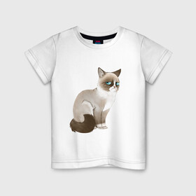 Детская футболка хлопок с принтом Grumpy Cat в Тюмени, 100% хлопок | круглый вырез горловины, полуприлегающий силуэт, длина до линии бедер | grumpy cat | грустный кот | кот мем | мем | сердитая кошка
