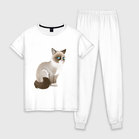 Женская пижама хлопок с принтом Grumpy Cat в Тюмени, 100% хлопок | брюки и футболка прямого кроя, без карманов, на брюках мягкая резинка на поясе и по низу штанин | grumpy cat | грустный кот | кот мем | мем | сердитая кошка