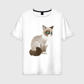 Женская футболка хлопок Oversize с принтом Grumpy Cat в Тюмени, 100% хлопок | свободный крой, круглый ворот, спущенный рукав, длина до линии бедер
 | grumpy cat | грустный кот | кот мем | мем | сердитая кошка