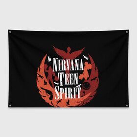 Флаг-баннер с принтом NIRVANA TEEN SPIRIT в Тюмени, 100% полиэстер | размер 67 х 109 см, плотность ткани — 95 г/м2; по краям флага есть четыре люверса для крепления | art | cobain | curt | girl | grunge | metal | music | nirvana | punk | rock | spiritm | usa | гранж | группа | кобэйн | курт | метал | музыка | нирвана | панк | рисунок | рок | сша