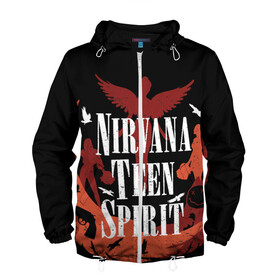 Мужская ветровка 3D с принтом NIRVANA TEEN SPIRIT в Тюмени, 100% полиэстер | подол и капюшон оформлены резинкой с фиксаторами, два кармана без застежек по бокам, один потайной карман на груди | art | cobain | curt | girl | grunge | metal | music | nirvana | punk | rock | spiritm | usa | гранж | группа | кобэйн | курт | метал | музыка | нирвана | панк | рисунок | рок | сша