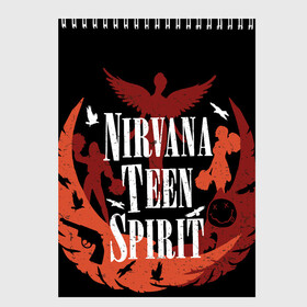 Скетчбук с принтом NIRVANA TEEN SPIRIT в Тюмени, 100% бумага
 | 48 листов, плотность листов — 100 г/м2, плотность картонной обложки — 250 г/м2. Листы скреплены сверху удобной пружинной спиралью | art | cobain | curt | girl | grunge | metal | music | nirvana | punk | rock | spiritm | usa | гранж | группа | кобэйн | курт | метал | музыка | нирвана | панк | рисунок | рок | сша