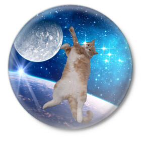 Значок с принтом Кисулькин в космосе в Тюмени,  металл | круглая форма, металлическая застежка в виде булавки | астроном пушистый | барсик | звезды | космос | котики | коты