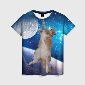 Женская футболка 3D с принтом Кисулькин в космосе в Тюмени, 100% полиэфир ( синтетическое хлопкоподобное полотно) | прямой крой, круглый вырез горловины, длина до линии бедер | астроном пушистый | барсик | звезды | космос | котики | коты