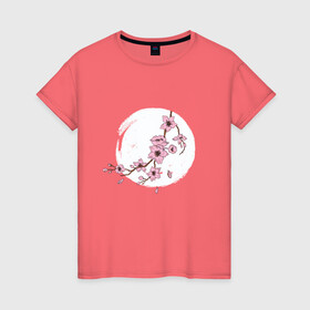 Женская футболка хлопок с принтом Ветка Сакуры в лунном свете в Тюмени, 100% хлопок | прямой крой, круглый вырез горловины, длина до линии бедер, слегка спущенное плечо | cherry blossom | culture | enso | japan | monnlight | moon | moonshine | sakura | spring | акварель | весна | вишня | дерево | живопись | искусство | культура | луна | на фоне луны | рисунок | рисунок сакуры | сакура | слива | энсо | япония 
