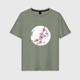 Женская футболка хлопок Oversize с принтом Ветка Сакуры в лунном свете в Тюмени, 100% хлопок | свободный крой, круглый ворот, спущенный рукав, длина до линии бедер
 | cherry blossom | culture | enso | japan | monnlight | moon | moonshine | sakura | spring | акварель | весна | вишня | дерево | живопись | искусство | культура | луна | на фоне луны | рисунок | рисунок сакуры | сакура | слива | энсо | япония 