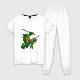 Женская пижама хлопок с принтом Леонардо в Тюмени, 100% хлопок | брюки и футболка прямого кроя, без карманов, на брюках мягкая резинка на поясе и по низу штанин | donatello | leonardo | michelangelo | ninja | pizza | raphael | turtles | донателло | животные | карате | комикс | комиксы | леонардо | микеланджело | мультфильм | мутант | мутанты | ниндзя | пицца | рафаэль | сплинтер | супергерой