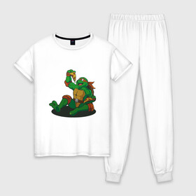 Женская пижама хлопок с принтом Pizza - Ninja Turtles в Тюмени, 100% хлопок | брюки и футболка прямого кроя, без карманов, на брюках мягкая резинка на поясе и по низу штанин | donatello | leonardo | michelangelo | ninja | pizza | raphael | turtles | донателло | животные | карате | комикс | комиксы | леонардо | микеланджело | мультфильм | мутант | мутанты | ниндзя | пицца | рафаэль | сплинтер | супергерой