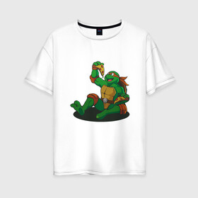 Женская футболка хлопок Oversize с принтом Pizza - Ninja Turtles в Тюмени, 100% хлопок | свободный крой, круглый ворот, спущенный рукав, длина до линии бедер
 | donatello | leonardo | michelangelo | ninja | pizza | raphael | turtles | донателло | животные | карате | комикс | комиксы | леонардо | микеланджело | мультфильм | мутант | мутанты | ниндзя | пицца | рафаэль | сплинтер | супергерой