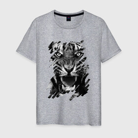 Мужская футболка хлопок с принтом Оскал Тигра в Тюмени, 100% хлопок | прямой крой, круглый вырез горловины, длина до линии бедер, слегка спущенное плечо. | брутальность | в трендах | зверь | мощь | сила | тигр | ярость