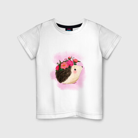 Детская футболка хлопок с принтом Ежик в Тюмени, 100% хлопок | круглый вырез горловины, полуприлегающий силуэт, длина до линии бедер | венок | еж | иголки | колючий | цветы
