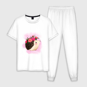 Мужская пижама хлопок с принтом Ежик в Тюмени, 100% хлопок | брюки и футболка прямого кроя, без карманов, на брюках мягкая резинка на поясе и по низу штанин
 | венок | еж | иголки | колючий | цветы