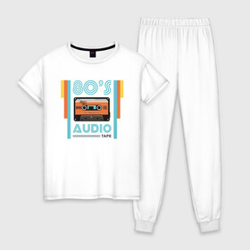 Женская пижама хлопок с принтом 80s Audio Tape Кассета в Тюмени, 100% хлопок | брюки и футболка прямого кроя, без карманов, на брюках мягкая резинка на поясе и по низу штанин | 80 | 80 е | винтаж | кассета | музыка | регги | рэгги | электронная музыка