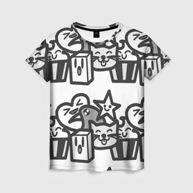 Женская футболка 3D с принтом Чёрно-белые дудлы в Тюмени, 100% полиэфир ( синтетическое хлопкоподобное полотно) | прямой крой, круглый вырез горловины, длина до линии бедер | doodle | белый | ворон | ворона | дудл | дудлы | звезда | кекс | кот | котэ | кошка | сердечко | сердце | чёрно белый | чёрный