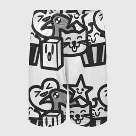 Детские спортивные шорты 3D с принтом Чёрно-белые дудлы в Тюмени,  100% полиэстер
 | пояс оформлен широкой мягкой резинкой, ткань тянется
 | doodle | белый | ворон | ворона | дудл | дудлы | звезда | кекс | кот | котэ | кошка | сердечко | сердце | чёрно белый | чёрный
