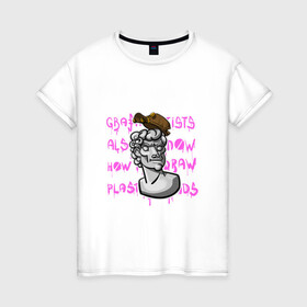 Женская футболка хлопок с принтом Голова Давида в Тюмени, 100% хлопок | прямой крой, круглый вырез горловины, длина до линии бедер, слегка спущенное плечо | гипсовая голова | граффити | микеланджело | стилизация