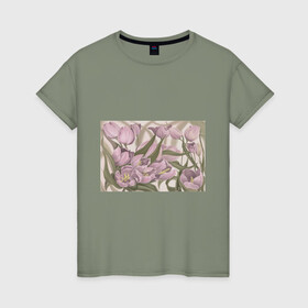 Женская футболка хлопок с принтом Сахарный розовый в Тюмени, 100% хлопок | прямой крой, круглый вырез горловины, длина до линии бедер, слегка спущенное плечо | flowers | sugar pink | бутоны | весна | женственность | нежность | природа | тюльпан | флавер | цветы