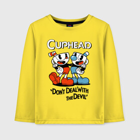 Детский лонгслив хлопок с принтом Cuphead, Dont deal with devil в Тюмени, 100% хлопок | круглый вырез горловины, полуприлегающий силуэт, длина до линии бедер | cuphead | dont deal with the devil | mugman | игры | капхед | магмен | чашеголовый