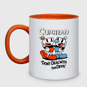 Кружка двухцветная с принтом Cuphead, Dont deal with devil в Тюмени, керамика | объем — 330 мл, диаметр — 80 мм. Цветная ручка и кайма сверху, в некоторых цветах — вся внутренняя часть | cuphead | dont deal with the devil | mugman | игры | капхед | магмен | чашеголовый