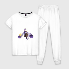 Женская пижама хлопок с принтом Окружённая Кэ Цин в Тюмени, 100% хлопок | брюки и футболка прямого кроя, без карманов, на брюках мягкая резинка на поясе и по низу штанин | арт | кэ цин слаймы | милая девушка | рисунок | слайм | электричество