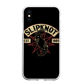 Чехол для iPhone XS Max матовый с принтом Slipknot (1995) в Тюмени, Силикон | Область печати: задняя сторона чехла, без боковых панелей | metal | music | rock | slipknot | козел | логотип | металл | музыка | надпись | пентаграмма | рок | слипкнот | узор | цифры | чб | череп