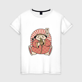 Женская футболка хлопок с принтом Толстый аниме кот ест рамен в Тюмени, 100% хлопок | прямой крой, круглый вырез горловины, длина до линии бедер, слегка спущенное плечо | anime | cat | chubby | fat | food | kanji | kimono | kitten | kitty | manga | noodles | ramen | амигаса | аниме | еда | иероглифы | кандзи | кот в кимоно | котик | лапша | манга | портрет кота | сугэгаса | япония | японский ар
