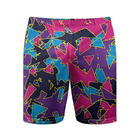 Мужские шорты спортивные с принтом Геометрическая абстракция в Тюмени,  |  | контур | линии | неон | неоновый | паттерн | сиреневый | треугольники | фиолетовый | формы