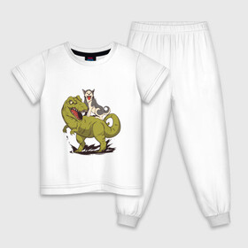 Детская пижама хлопок с принтом Хаски верхом на Динозавре в Тюмени, 100% хлопок |  брюки и футболка прямого кроя, без карманов, на брюках мягкая резинка на поясе и по низу штанин
 | dinosaur | dog | funny | husky | oil | rex | t rex | большой динозавр | в луже | динозавры приколы | лужа | маламут | нефть | огромный динозавр | порода | прикол | рекс | сибирский хаски | смешной хаски | собака