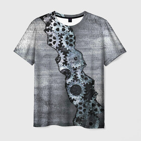 Мужская футболка 3D с принтом Шестеренки в Тюмени, 100% полиэфир | прямой крой, круглый вырез горловины, длина до линии бедер | метал | механизм | разлом | сталь | шестеренки