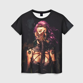 Женская футболка 3D с принтом Steampunk girl | Стимпанк в Тюмени, 100% полиэфир ( синтетическое хлопкоподобное полотно) | прямой крой, круглый вырез горловины, длина до линии бедер | gas mask | respirator | steampunk | девушка | противогаз | распиратор | розовые волосы | стимпанк