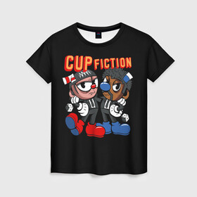 Женская футболка 3D с принтом CUP FICTION в Тюмени, 100% полиэфир ( синтетическое хлопкоподобное полотно) | прямой крой, круглый вырез горловины, длина до линии бедер | art | cartoon | cup | cuphead | devil | dice | fiction | game | king | mugman | pulp | the | арт | бос | босс | голова | демон | дьявол | игра | капхед | криминальное | магмен | мультик | мультфильм | платформер | чаша | чашка | человек | черт 