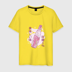 Мужская футболка хлопок с принтом Японский лимонад в Тюмени, 100% хлопок | прямой крой, круглый вырез горловины, длина до линии бедер, слегка спущенное плечо. | japan | japanese | juice | lemonade | pink | soda | strawberry | water | вода | газировка | джюс | иероглифы | кандзи | катакана | клубника | напиток | розовый цвет | символы | сода | содовая | сок | токио | хирагана | япония