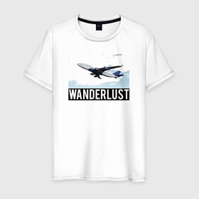 Мужская футболка хлопок с принтом Wanderlust в Тюмени, 100% хлопок | прямой крой, круглый вырез горловины, длина до линии бедер, слегка спущенное плечо. | Тематика изображения на принте: plane | travelholic | travellife | travelling | travelmore | wanderlust