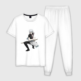 Мужская пижама хлопок с принтом Гинтоки Саката в Тюмени, 100% хлопок | брюки и футболка прямого кроя, без карманов, на брюках мягкая резинка на поясе и по низу штанин
 | anime | ginatama | gintoki | manga | аниме | гинтама | гинтоки | друзья | манга