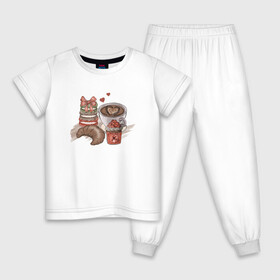 Детская пижама хлопок с принтом Завтрак мечты в Тюмени, 100% хлопок |  брюки и футболка прямого кроя, без карманов, на брюках мягкая резинка на поясе и по низу штанин
 | Тематика изображения на принте: варенье | кофе | круассан | макарон | макарун