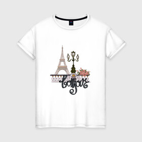 Женская футболка хлопок с принтом Бонжур в Тюмени, 100% хлопок | прямой крой, круглый вырез горловины, длина до линии бедер, слегка спущенное плечо | париж | франция | цветы | эйфелева башня