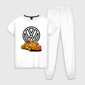 Женская пижама хлопок с принтом Volkswagen  в Тюмени, 100% хлопок | брюки и футболка прямого кроя, без карманов, на брюках мягкая резинка на поясе и по низу штанин | car | volkswagen | жук | классика | машина | скорость