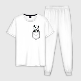 Мужская пижама хлопок с принтом Довольная Панда в Кармане в Тюмени, 100% хлопок | брюки и футболка прямого кроя, без карманов, на брюках мягкая резинка на поясе и по низу штанин
 | Тематика изображения на принте: animals | beats | head | panda | pocket | в кармане | голова | животные | звери | лапки | любовь | панда | улыбка