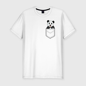 Мужская футболка хлопок Slim с принтом Довольная Панда в Кармане в Тюмени, 92% хлопок, 8% лайкра | приталенный силуэт, круглый вырез ворота, длина до линии бедра, короткий рукав | animals | beats | head | panda | pocket | в кармане | голова | животные | звери | лапки | любовь | панда | улыбка