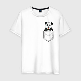 Мужская футболка хлопок с принтом Довольная Панда в Кармане в Тюмени, 100% хлопок | прямой крой, круглый вырез горловины, длина до линии бедер, слегка спущенное плечо. | Тематика изображения на принте: animals | beats | head | panda | pocket | в кармане | голова | животные | звери | лапки | любовь | панда | улыбка