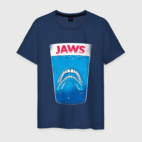 Мужская футболка хлопок с принтом Jaws Челюсти - Прикол в Тюмени, 100% хлопок | прямой крой, круглый вырез горловины, длина до линии бедер, слегка спущенное плечо. | Тематика изображения на принте: art | film | horror | killer | merch | movie | parody | shark | teeth | white | акула | арт | белая акула | вставная челюсть | зубы | иллюстрация | кино | мерч | пародия | пародия на постер | пенсия | спилберг | стакан | фильм 