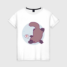 Женская футболка хлопок с принтом Утконос в Тюмени, 100% хлопок | прямой крой, круглый вырез горловины, длина до линии бедер, слегка спущенное плечо | animals | животное | зверь | пузырьки | сердечко | утконос